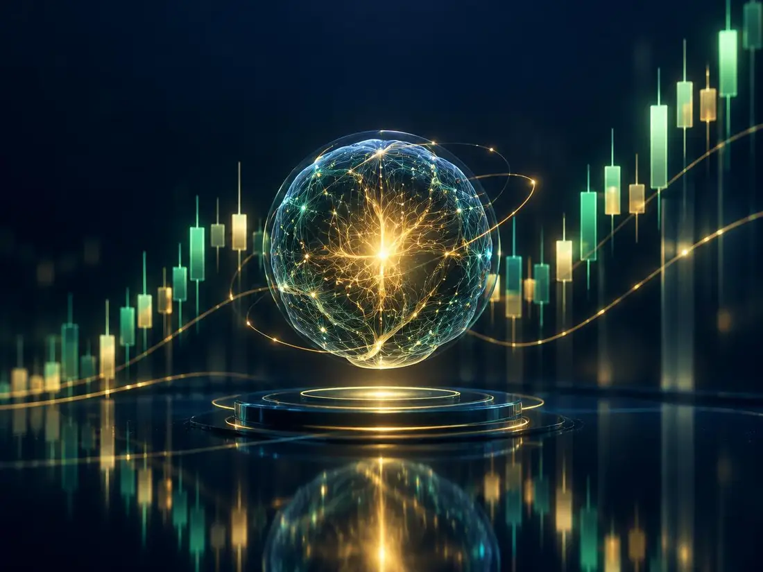 Vaultimary AI trading engine visualised as a glowing neural core above rising market candlestick charts