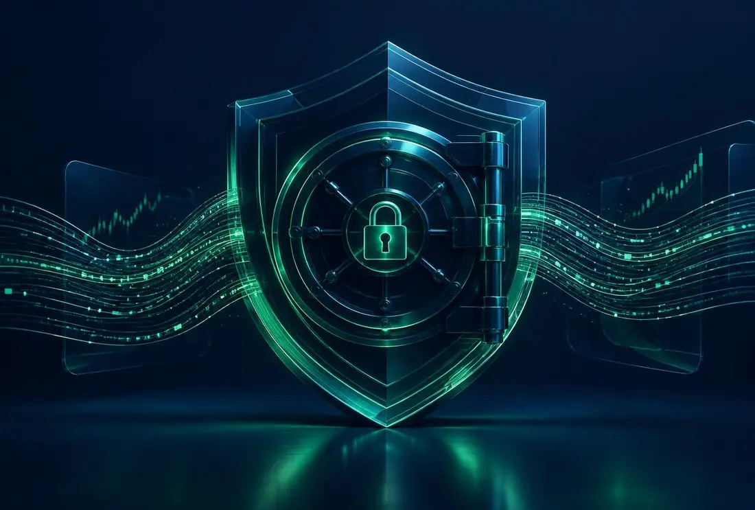 Vaultimary security concept: a shield and vault door protecting investor accounts with encrypted data